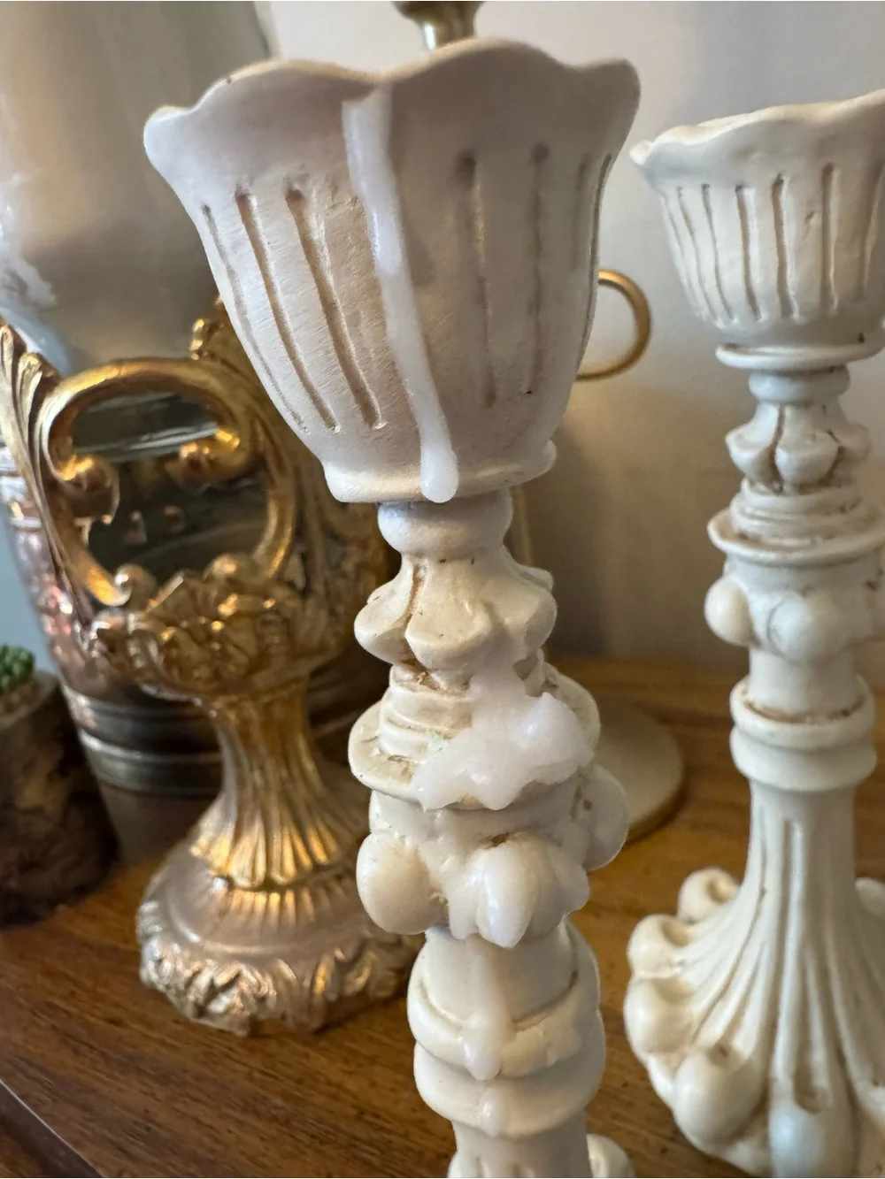 5 Shabby Chic Cream Resin Candlestick Holders French Country Set 1990s Vignette